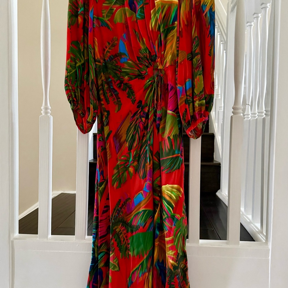 FARM Rio Vibrant Red Tropical Long Sleeve Dress Size Small